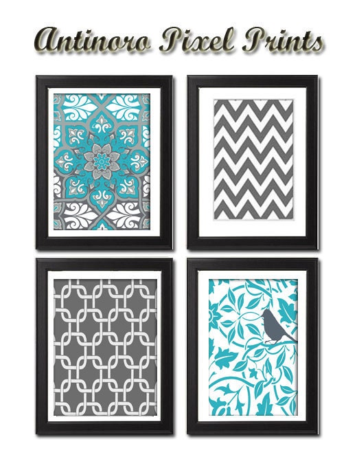 Turquoise / Grey Vintage / Modern inspired Ikat Art Prints Collection - Set of 4 -8x11  Prints -   (UNFRAMED)