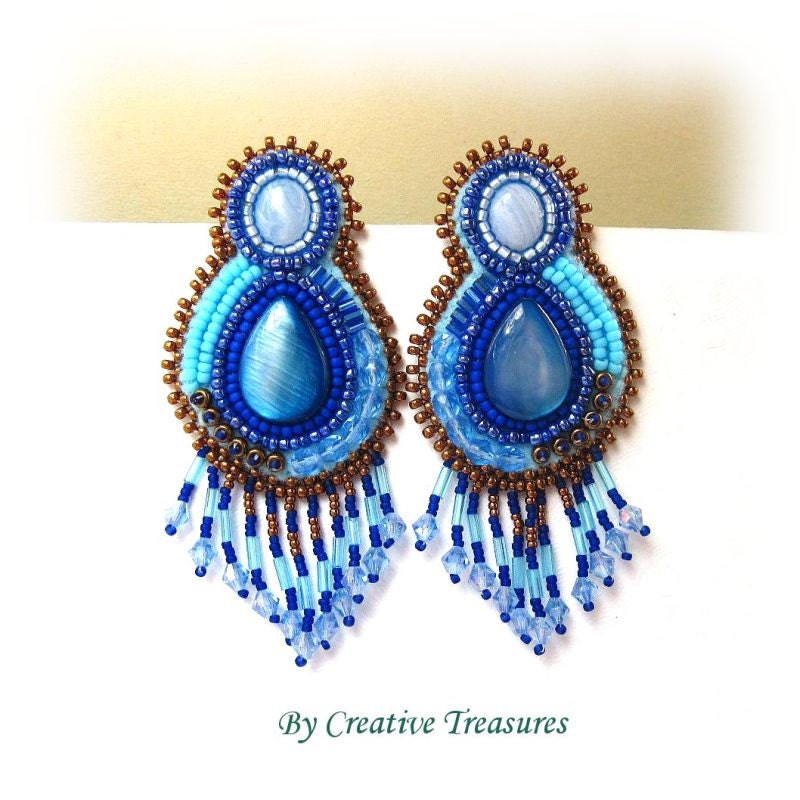 Blue Lace Agate and Rivershell Bead Embroidered Earrings