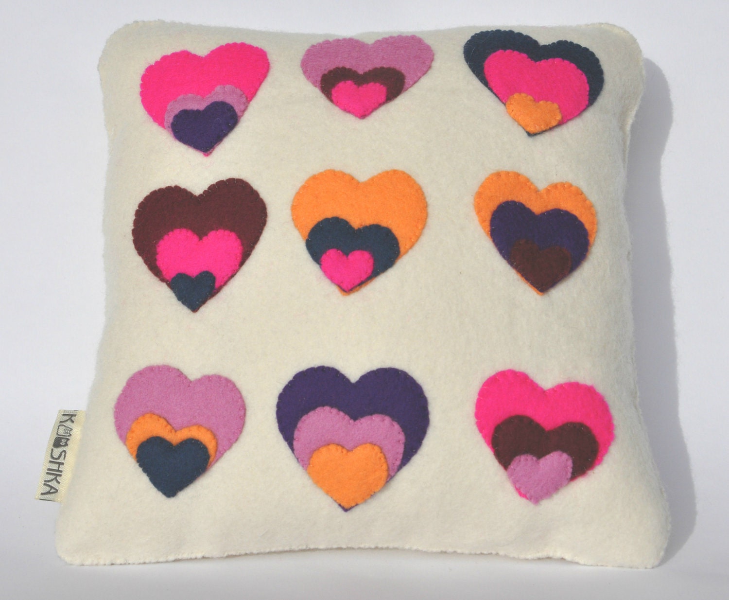 Modern Cushion Wool Felt Heart neon pink peach navy red purple cream