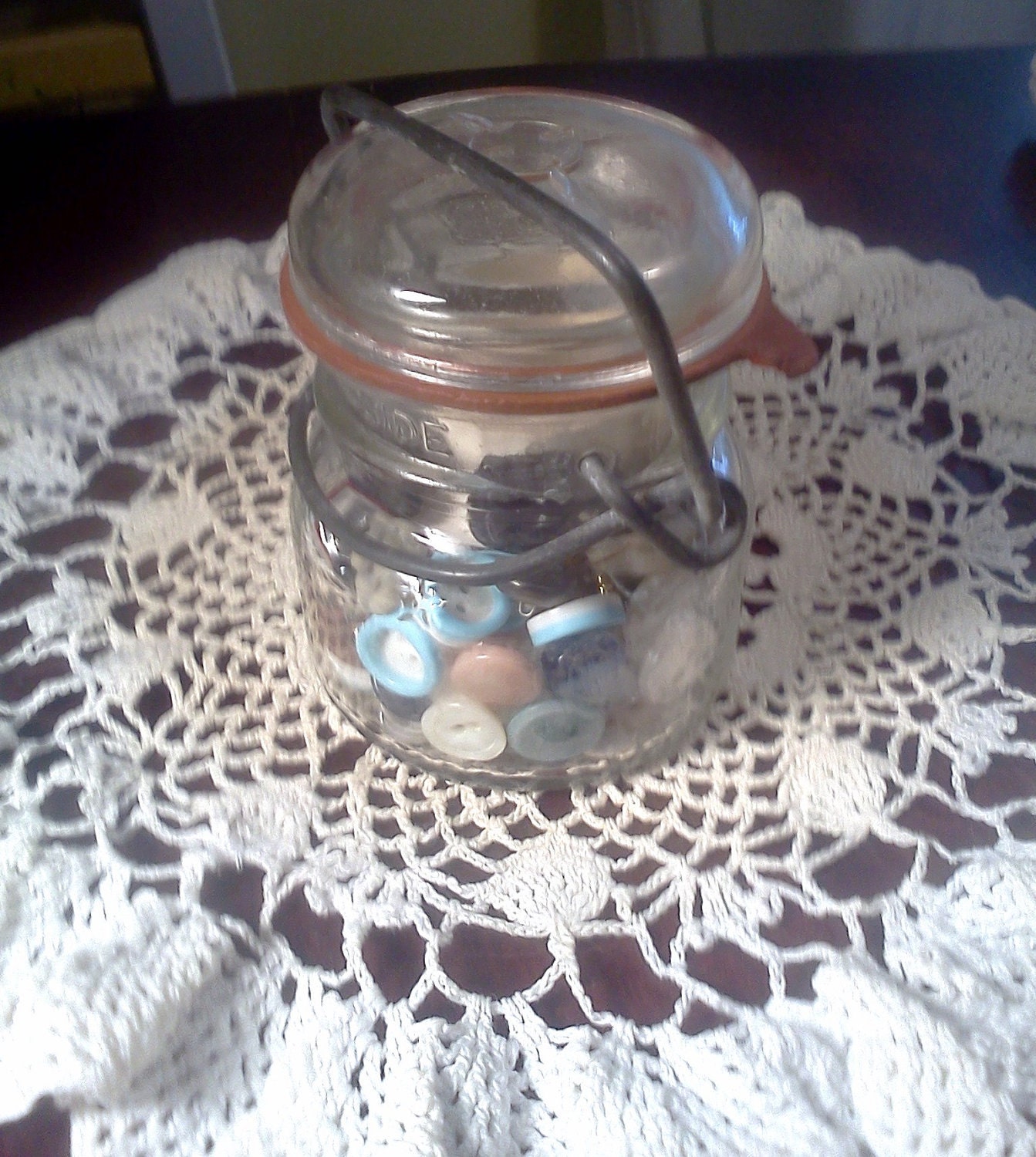 Vintage Buttons doily glass mason jar Cottage Chic Supplies