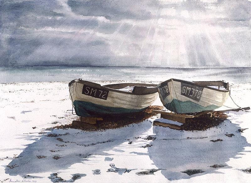 Watercolour Giclée print boats on a snow covered beach