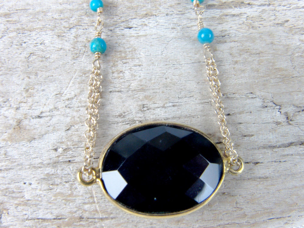 Gold Bezel Set Black Onyx Necklace-Turquoise Necklace