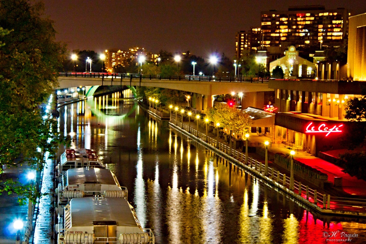 Rideau Canal at night - 8x12 Fine Art Photograph - Home Wall Decor - Ottawa, Ontario, Canada - Urban Landscape - yellow, green, blue, red