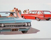 Vintage Advertisement Postcard for the 1961 Oldsmobile F-85 De Luxe 4-Door Sedan and De Luxe Station Wagon Blue and Red Cars