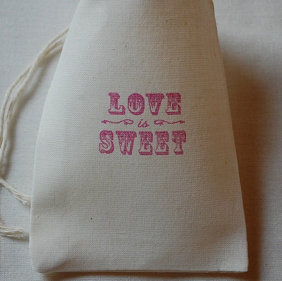 10 Vintage Love is Sweet Organic Muslin Favor Gift Bags 4x6 Great for Weddings in Pink