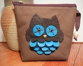 Hand Printed Owl Pouch, Fabric Makeup Bag, Craft Holder, Travel Purse, Gift. Owl Block Print Pattern Inside.