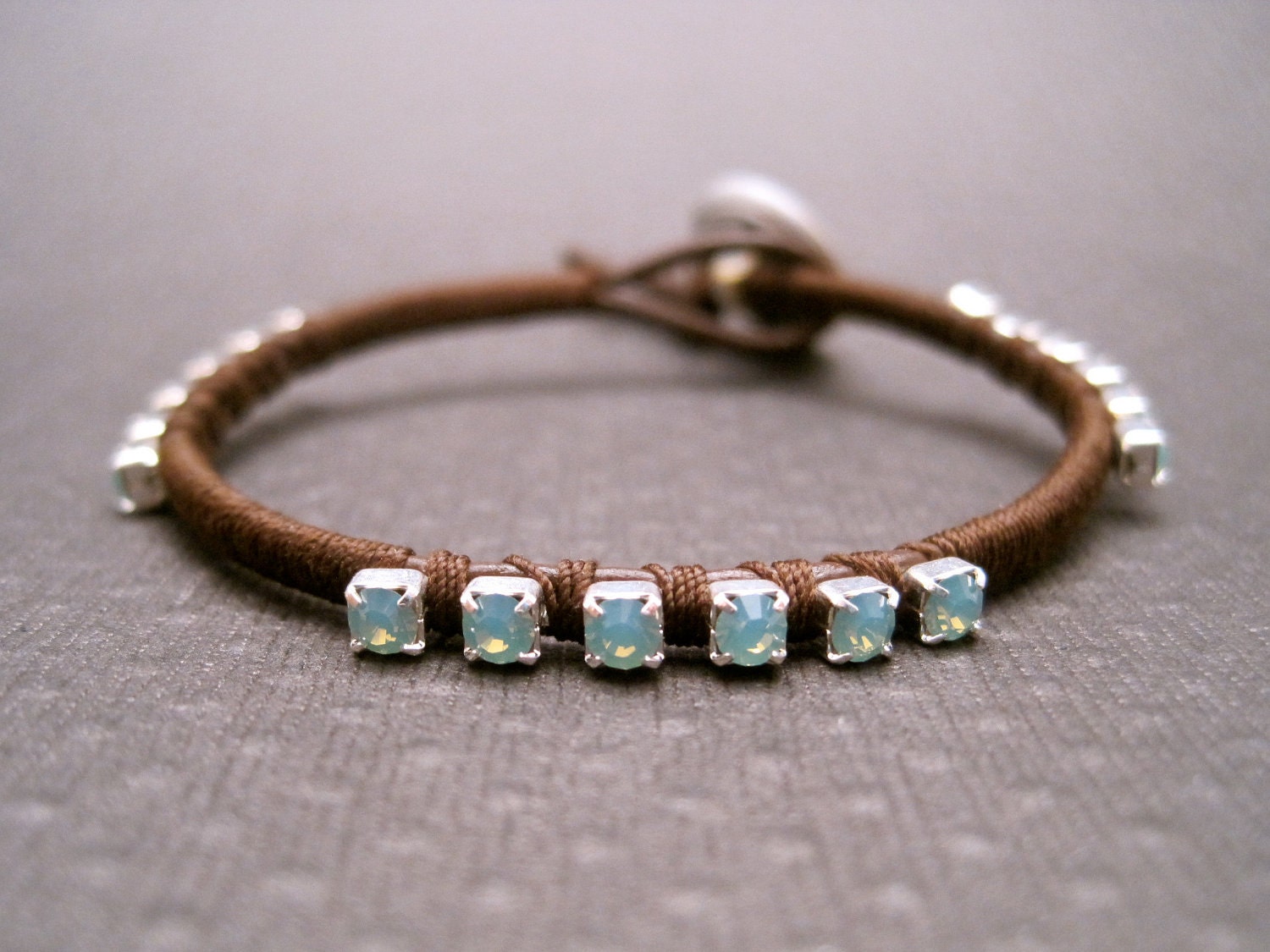Chocolate Brown Leather and Pacific Opal Swarovski Crystal Single Stack Bracelet (Silver)