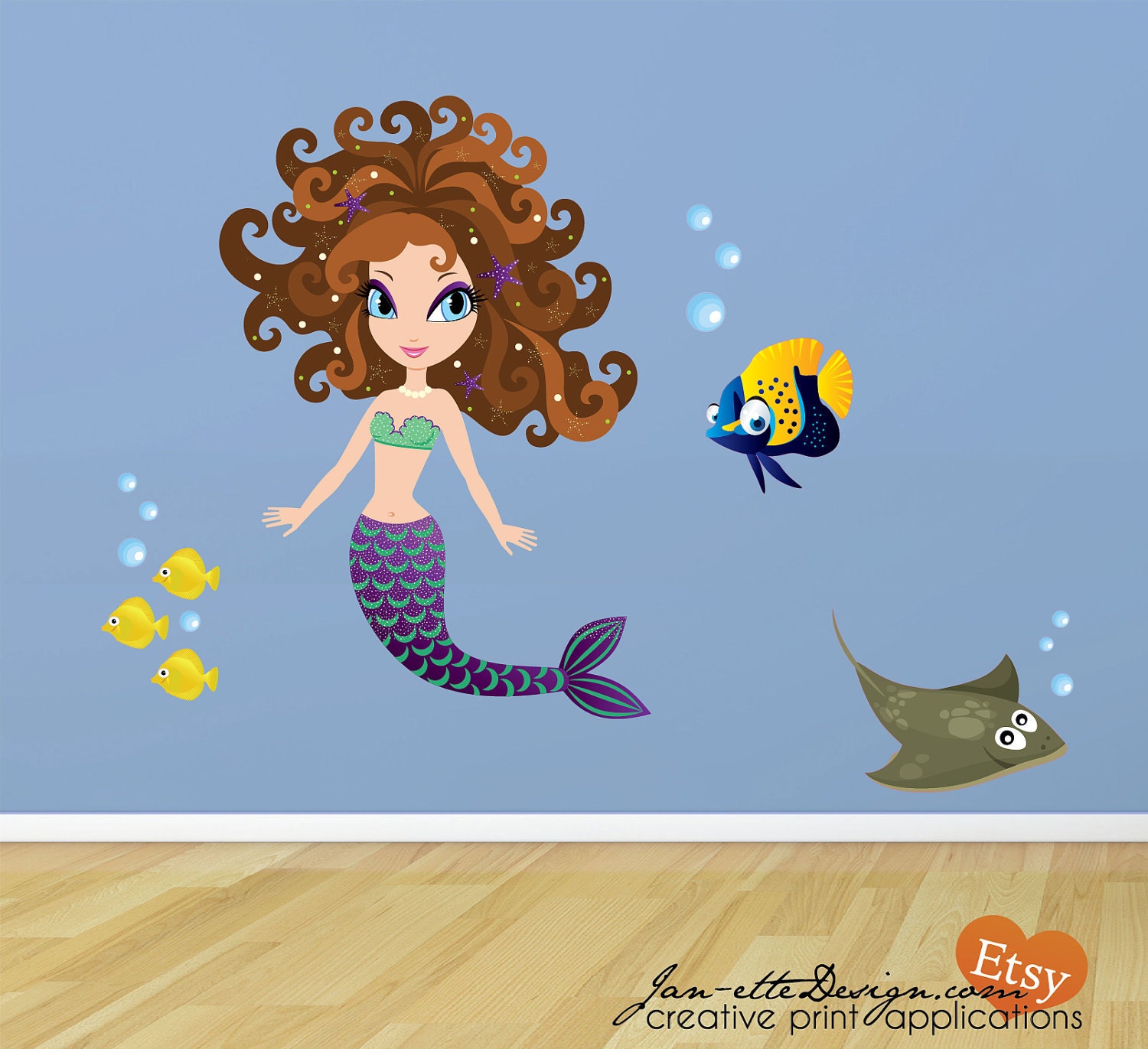 Girly Brunette Mermaid and Fish Fabric Wall Decal Set - JanetteDesign Girly Brunette Mermaid and Fish Fabric Wall Decal Set - JanetteDesign