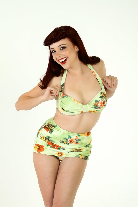 Light Green Hawaiian print 2 Piece Swimsuit LARGE