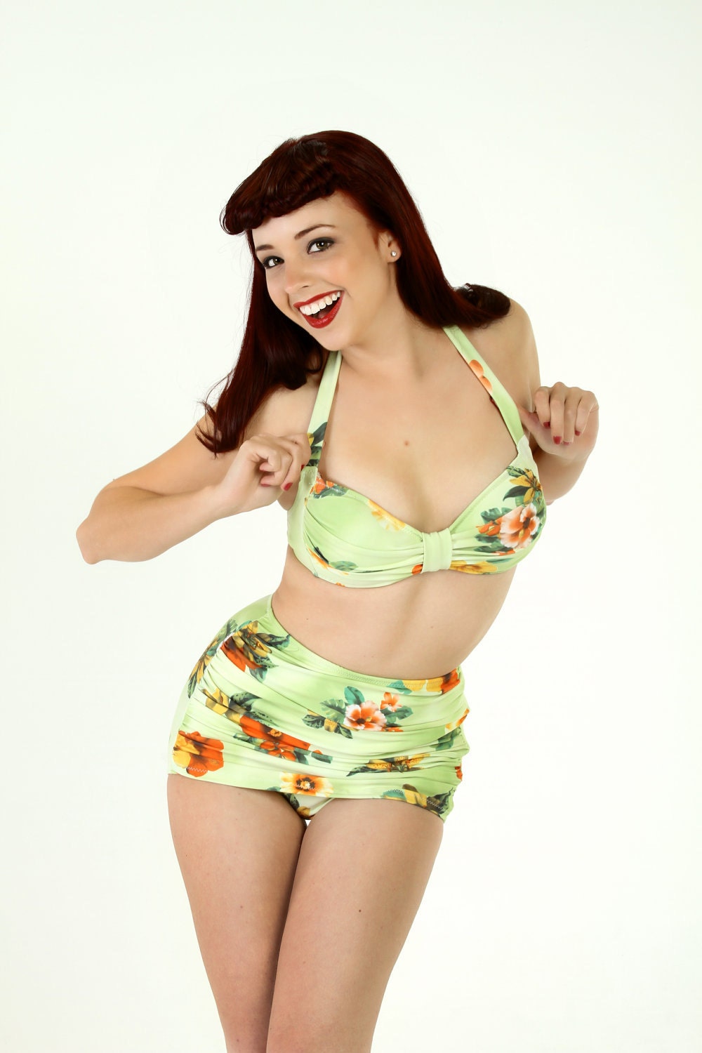 Light Green Hawaiian print 2 Piece Swimsuit LARGE