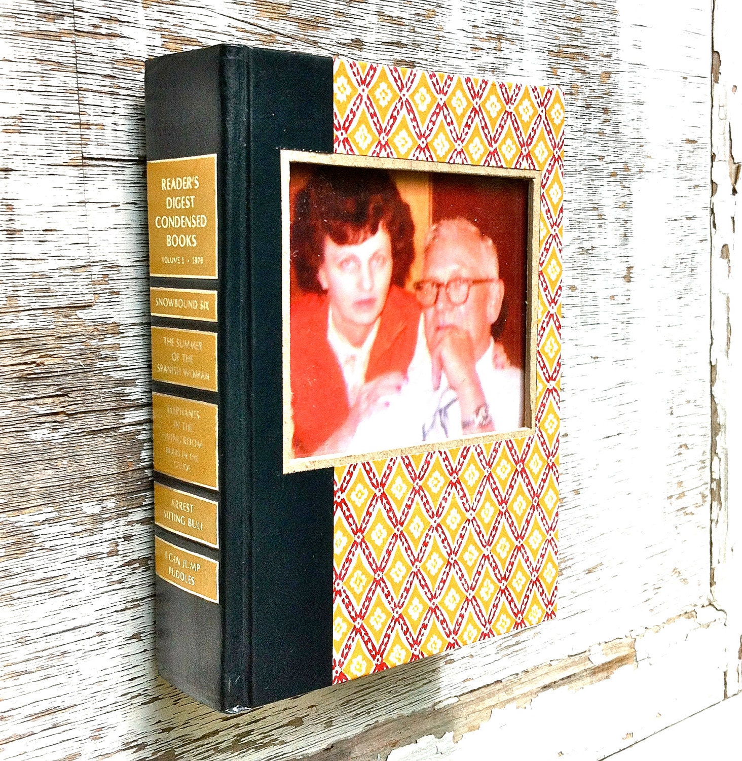 vintage book picture frame.  READABLE vintage book as unique photo frame. yellow/mustard, orange, purple. Reader's Digest, 1978.