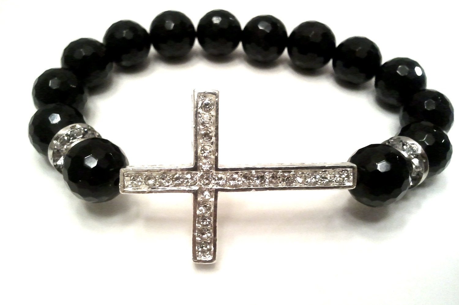 Sideways Cross Black Faceted Onyx Beaded Bracelet