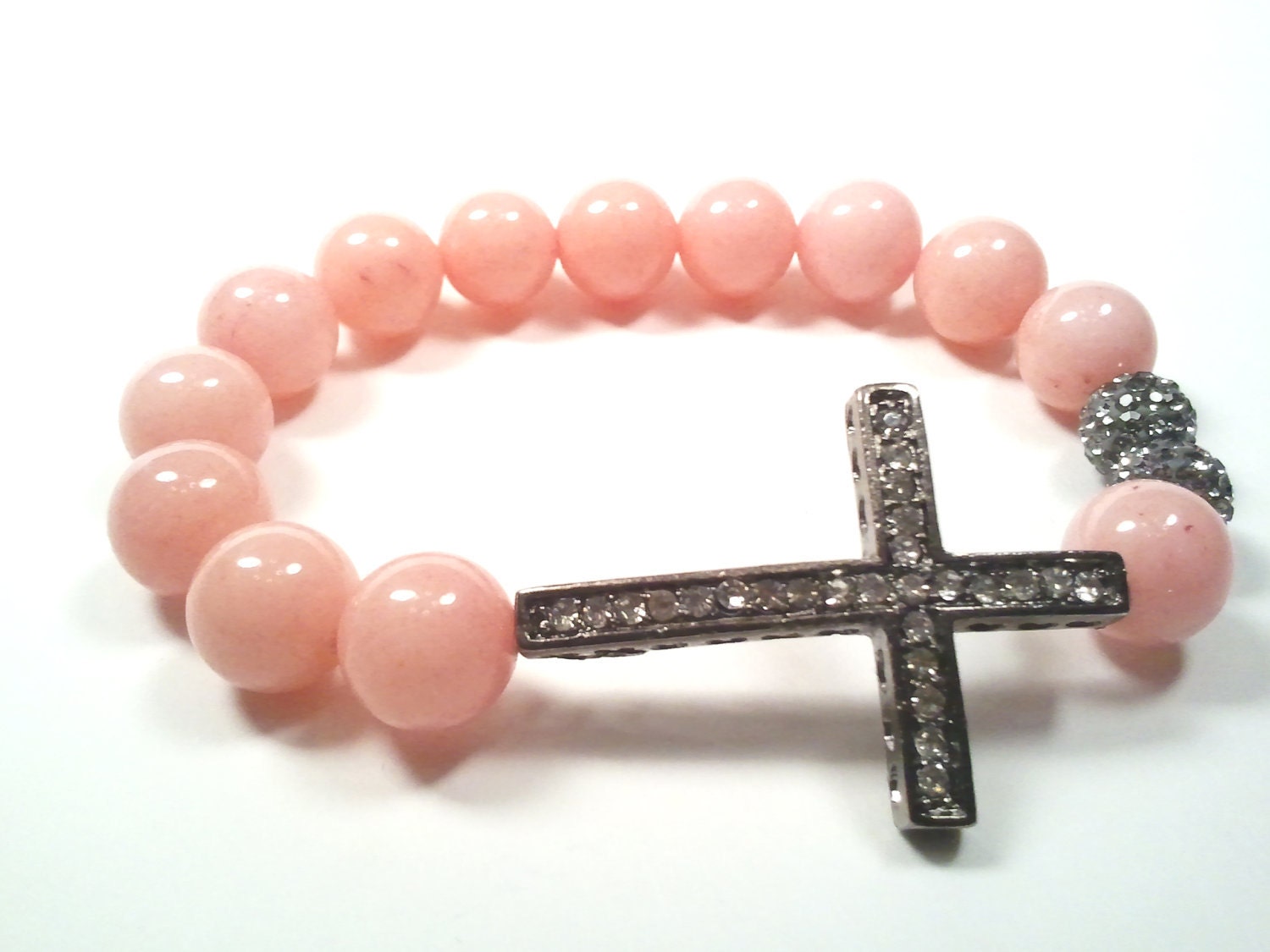 Pink Jade Beaded Stretch Sideways Cross Bracelet