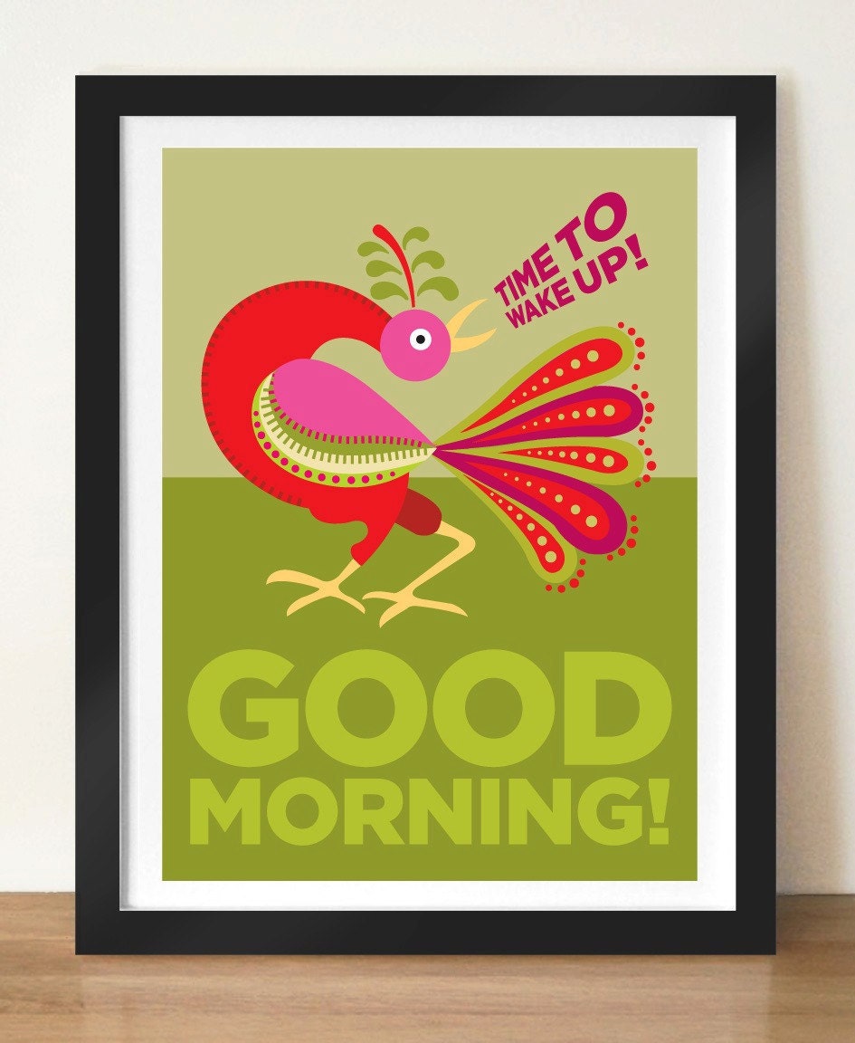 Mid century style Russian Cockrel poster print, GOOD MORNING, A3 11.7 x 16.5 giclée print