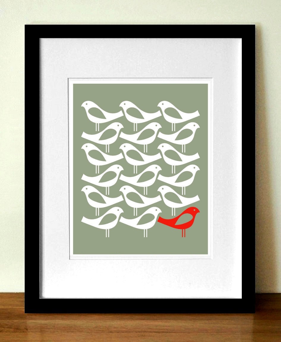 Mid century poster print, One red bird, A3 giclée print