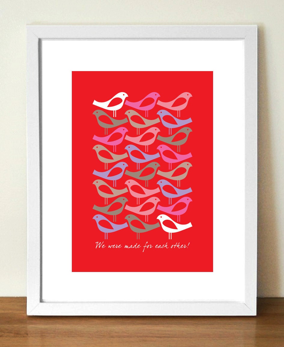 Mid century poster print, Made For Each Other, birds giclee print, 11 x 17 (A3)