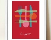 Mid century poster print, Kitchen Art, Knife, Fork and Spoon, (A3) artists giclée print
