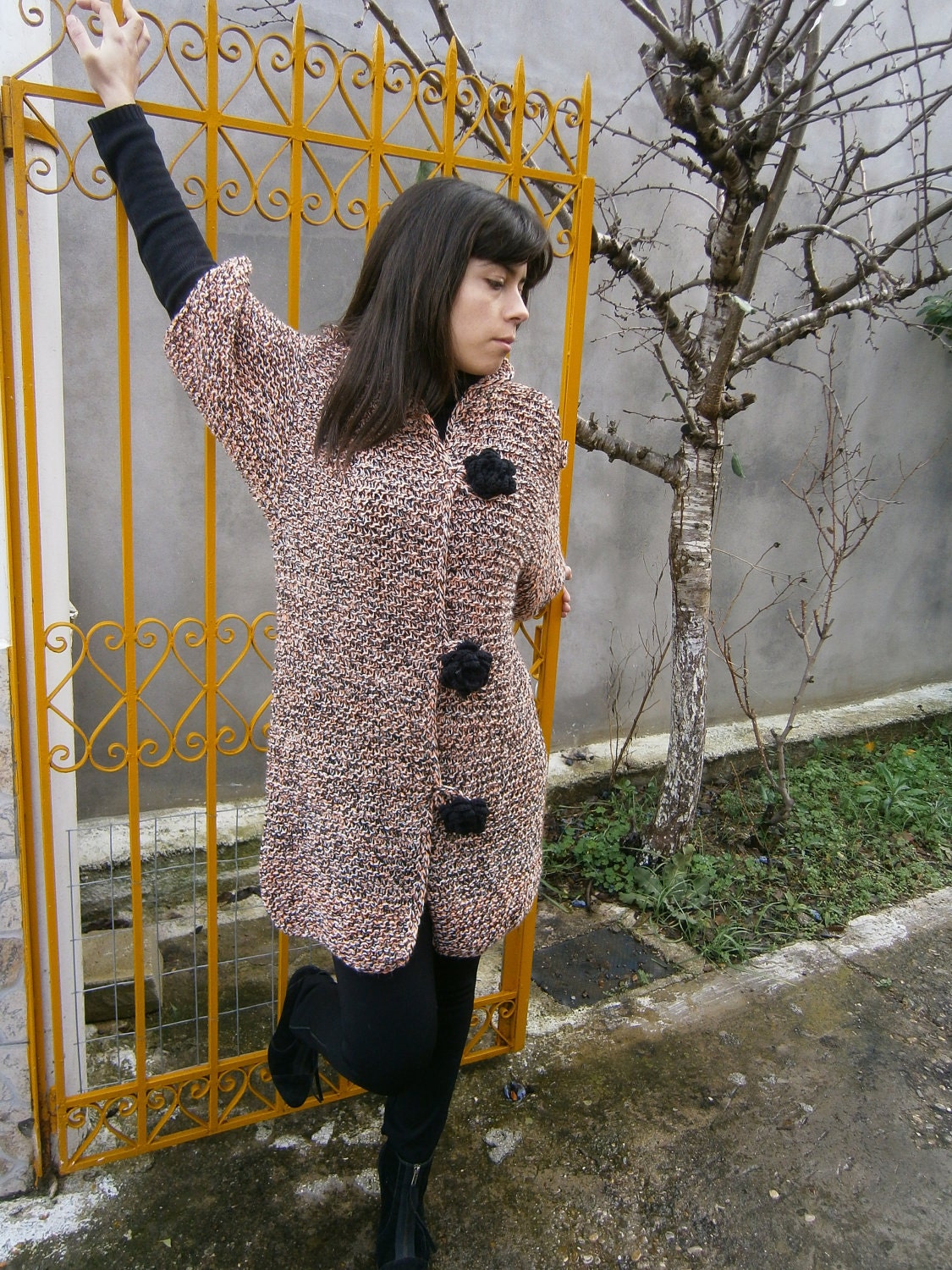 Hand knit Coat Long Jacket With Crocheted Buttons-Flowers And Lifting Arm