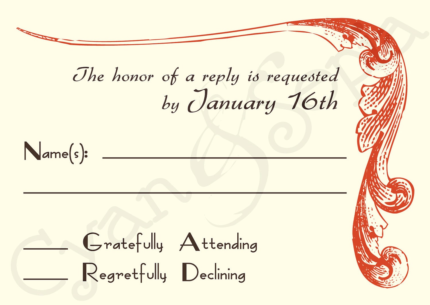 Printable Wedding Invitation RSVP - 3.5x5 - Red Flourish - Antique, Ornate, Victorian, Elegant - Red, Rust, Cream