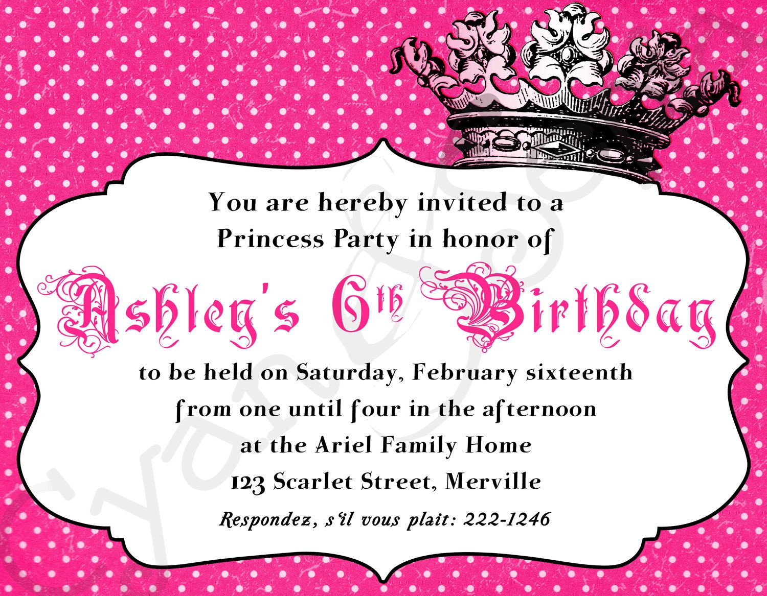 Printable Birthday Invitation - 4.25 x 5.5 - Modern Princess - Pink, Magenta, Black, White - Girls, Polka Dots, Crown, Rock, Fashion