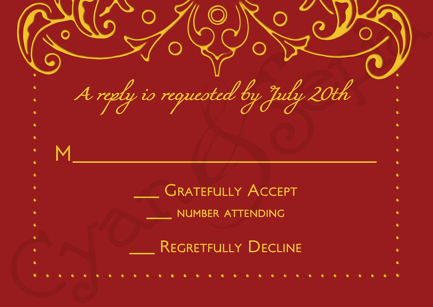 Printable Wedding Invitation RSVP - 3.5x5 - Bollywood Ornate - Formal, Filigree, Antique, Elegant - Red, Gold, Plum, Silver, Navy, Yellow