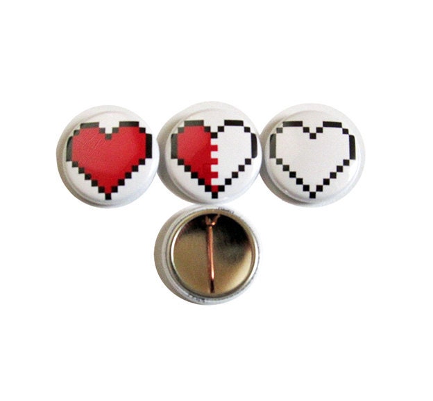 Pixel Heart Pinback Button Set of 4 - Video Game 8 bit Heart Container Geek