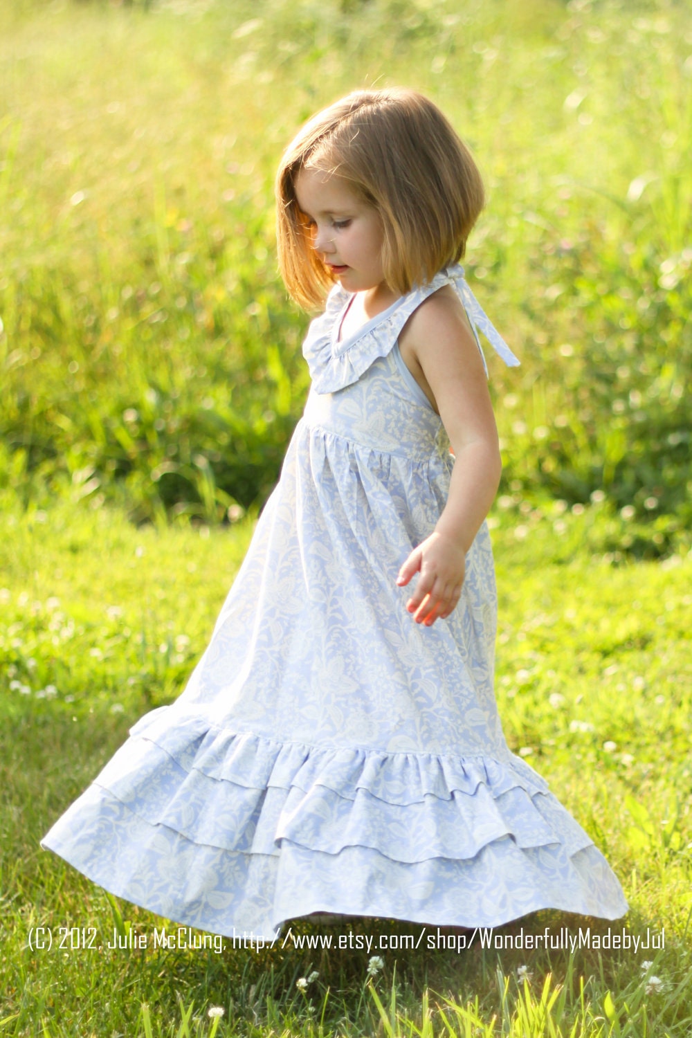 Little Girl Dress Custom Boutique, Ruffled Halter Maxi Dress, Twirl Sundress Blue White Emmaline 2T 3T