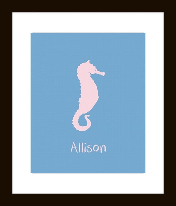 Personalized children art Seahorse Print nursery art. 5 x 7 sea life artwork, ocean art for kids