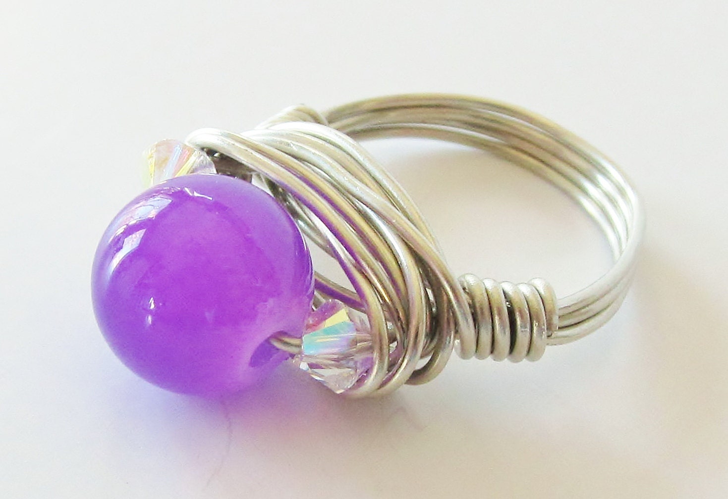 Fuchsia Glass Bead & Swarovski Crystal Silver Wire Wrapped Ring - wire wrap jewelry, gifts under 20, custom sizes up to 13, handmade