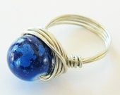 Cobalt Blue Silver Wire Wrapped Ring - ceramic bead, wire wrap jewelry, gifts under 20, custom sizes up to 13, handmade