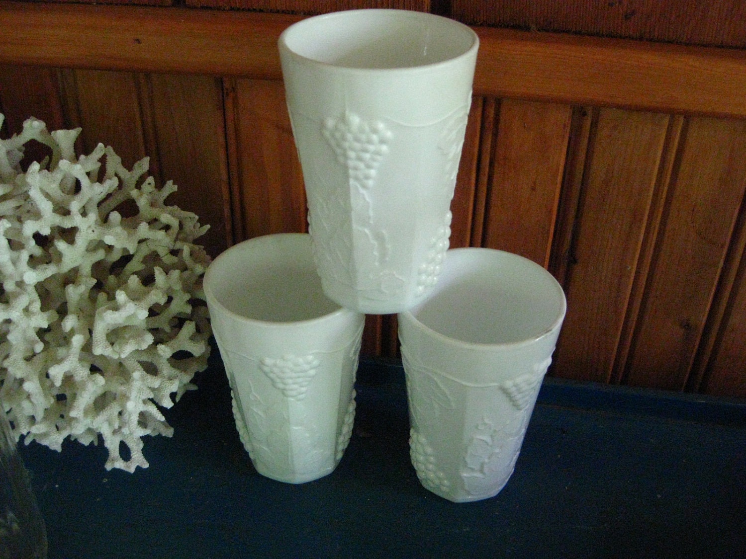 Vintage  set of 3 white milkglass tumblers, center piece,  wedding