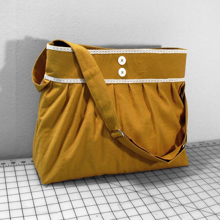 Adjustable Strap Tote Bag with Lace and Buttons in Mustard Yellow