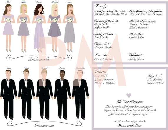 Custom Wedding Program- Wedding Party Illustrations - Romantic
