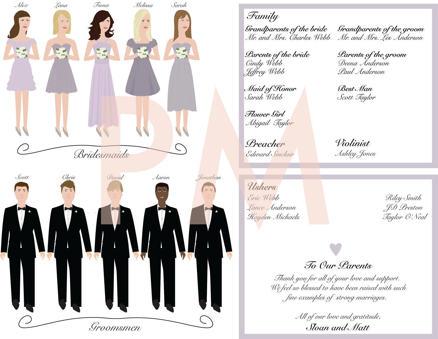 Custom Wedding Program- Wedding Party Illustrations - Romantic