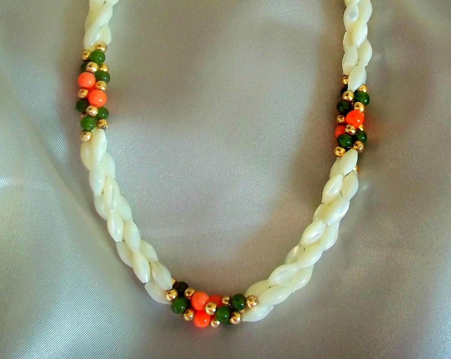 Vintage Mother of Pearl Necklace with Jade and Coral Accents