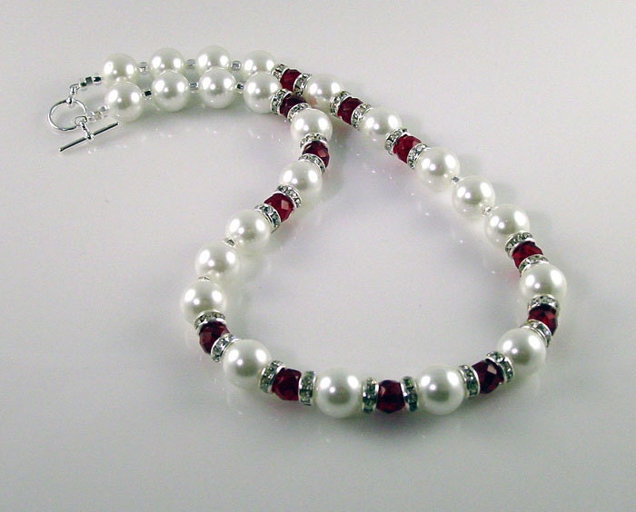 White Pearl Red Crystal Necklace with Rhinestone Accent Beads