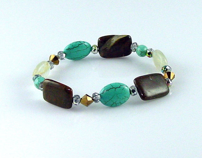 Stretch Bracelet Brown Stones, Cream Stones, Imitation Turquoise Beads, Bronze Beads
