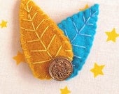 Cute Mustard Yellow and Teal Felt Feather Hair Clip  with vintage button