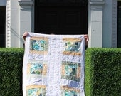 Green and yellow modern quilt. Up-cycled vintage hand embroidered linen. 'Sundance Kid'