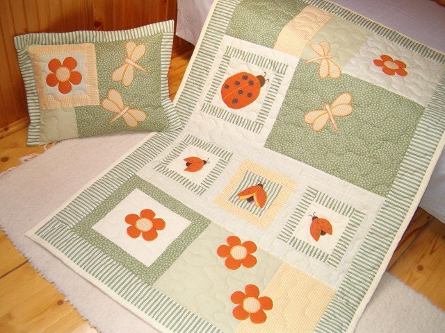 Ladybug  Quilt,  Organic Nursery Bedding, Appliqued  Toddler Blanket and pillowcase - green, orange, yellow-