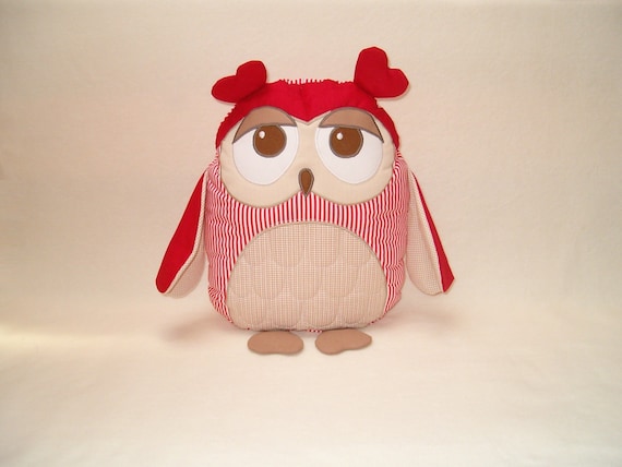 Owl Pillow, Organic Owl TOY Stuffed Animal Softie Unisex Red Beige Brown / Al Heart Owl Pillow - HET -