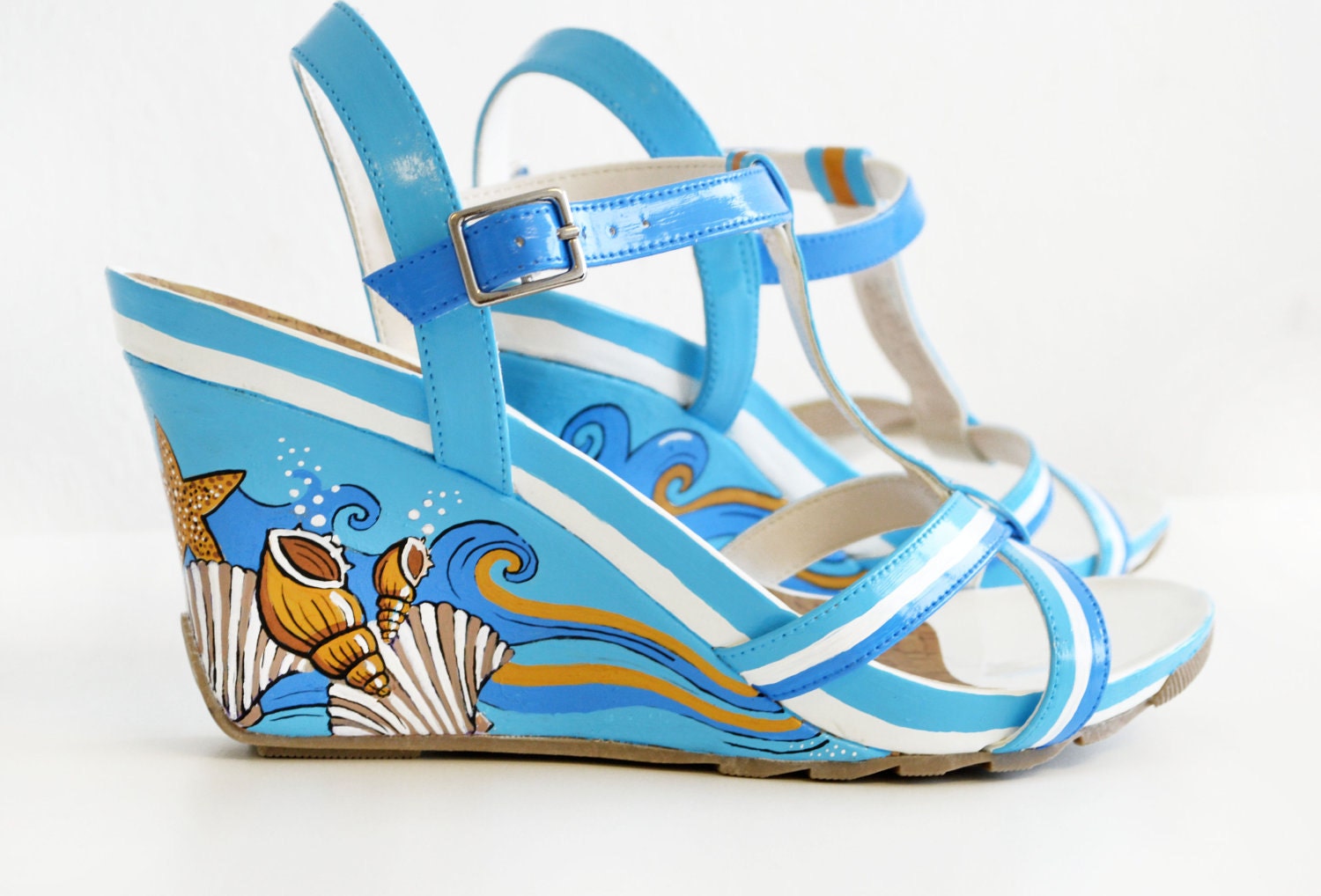 Hand Painted Shoes/ Hand Painted wedge shoes/ Summer shoes/ Blue wedges