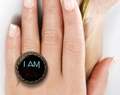 I AM quote daily affirmation positive thinking hand pressed flat button CABOCHON Antique Brass RING Adustable