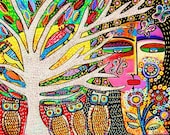 Wisdom Tree Owl Goddess' - SILBERZWEIG ORIGINAL Art PRINT - Mexican, Frida, Talavera Owls, Tree of Life, Goddess, Mermaid, Birds Of Paradise