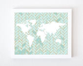 World Map on Chevron In Light Blue & Orange 8x10