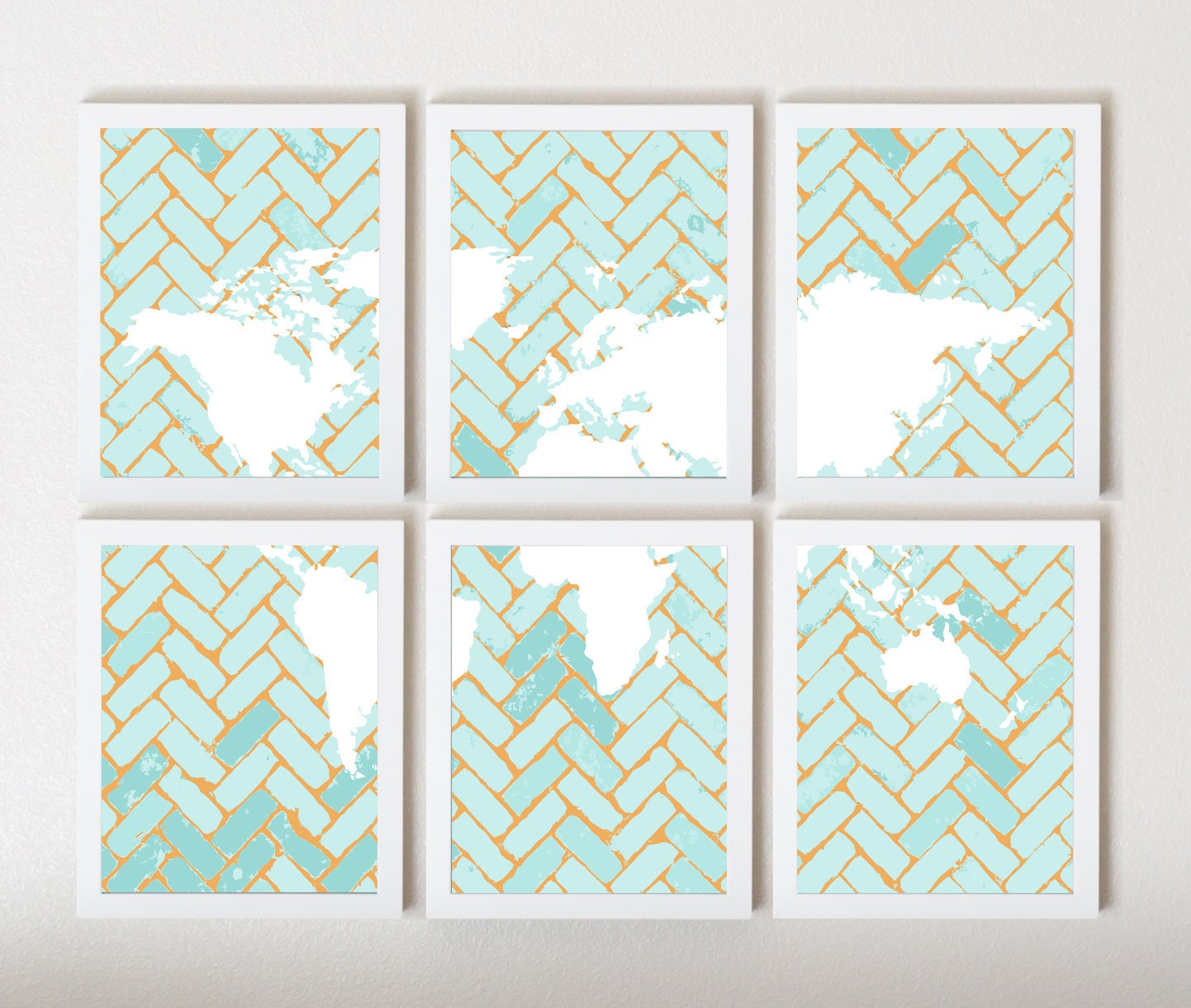 World Map on Chevron In Light Blue & Orange in 6 Pieces