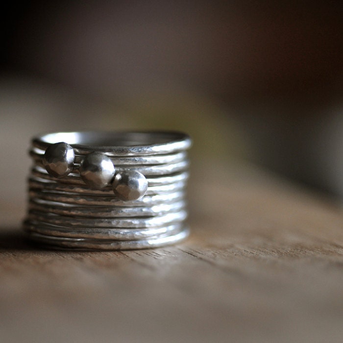 10 stacking rings with three nuggets.  Recycled sterling silver
