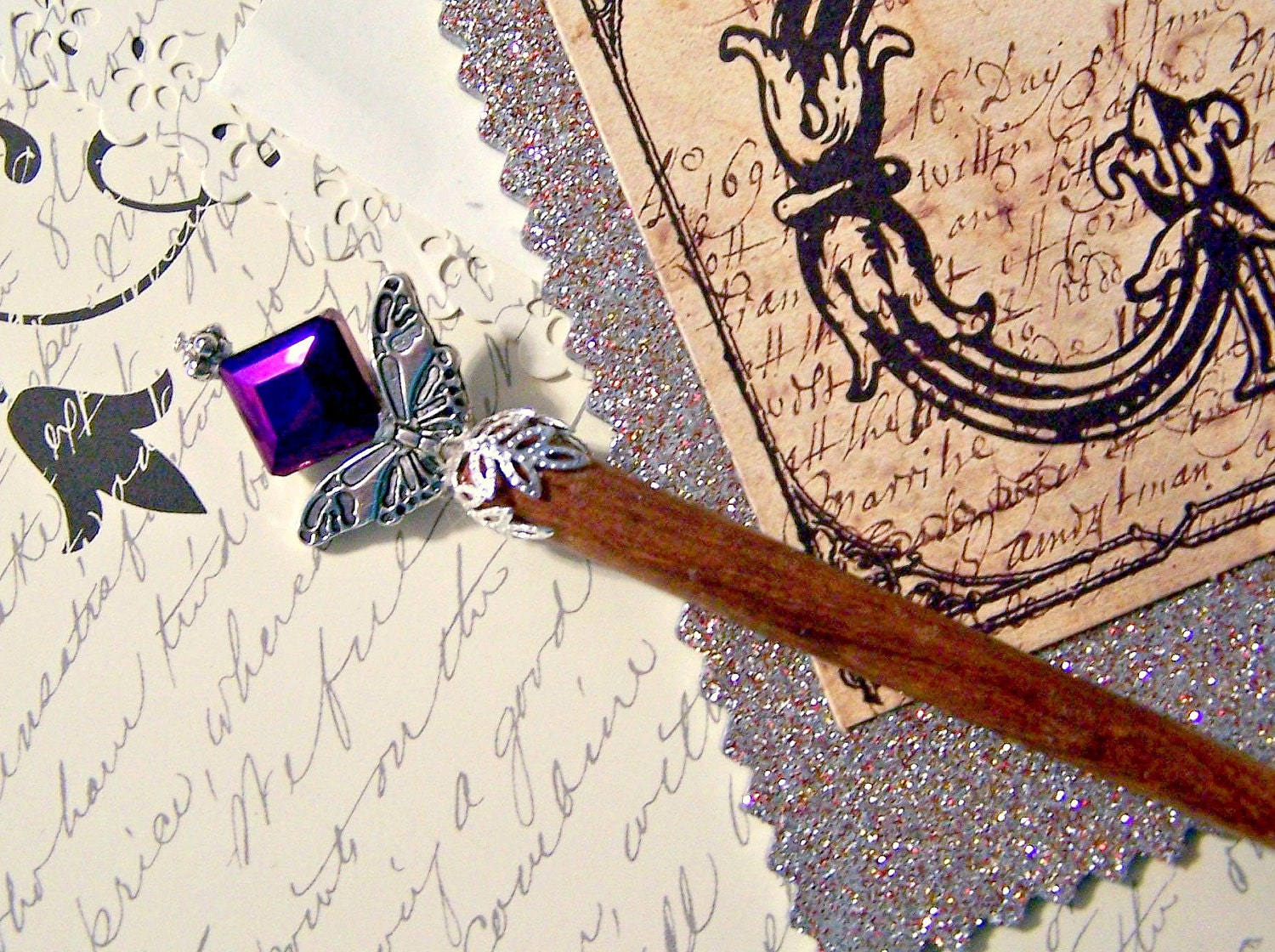 Hair stick accessories beaded accessory deep purple silver iron butterfly Victorian wood chopstick TAGT tenX