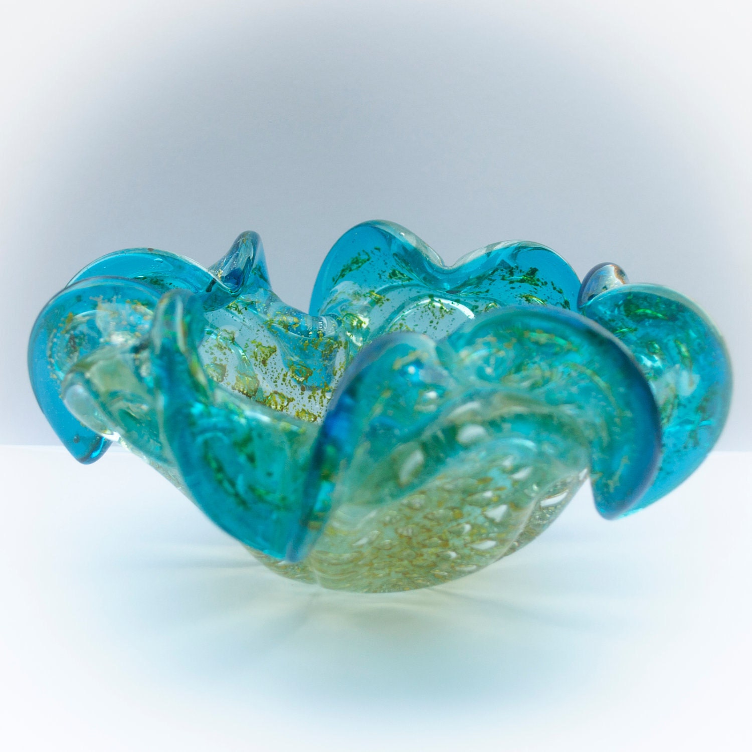 Vintage Blue Glass Bowl Mid Century Murano Italian Turquoise with Gold Flecks 1950s