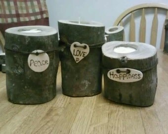 Rustic Wedding Centerpiece, Log Tealight Candle Holders, Rustic, Centerpiece, Peace, Love, Happiness